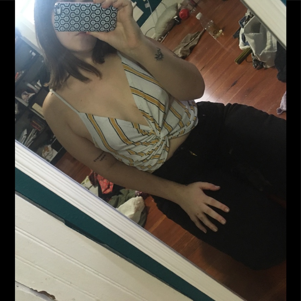 Yellow and White Striped Wrap Crop Tank Top